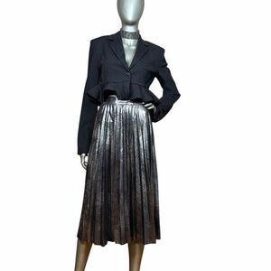 Zara Woman Metallic Silver Accordion-Pleat Faux Suede Midi Skirt, Luxe Boho Styl